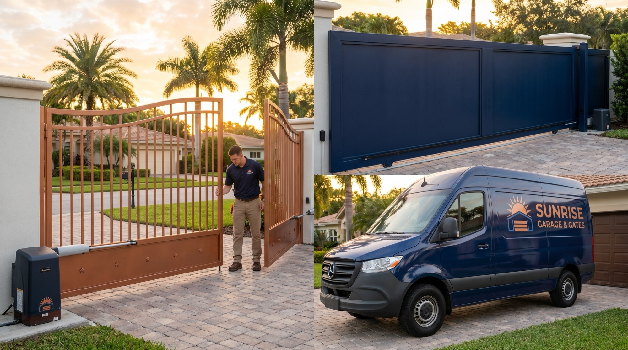 Automated swing and sliding driveway gates at the entrance of a Florida property