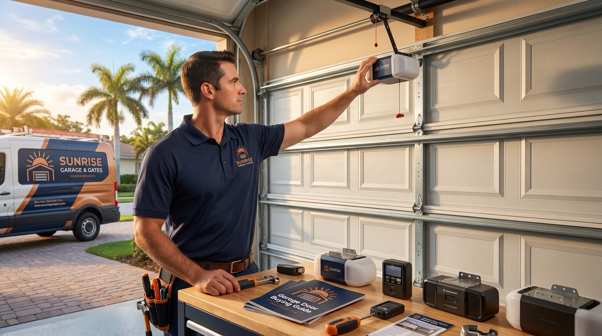 Row of belt, chain, screw and smart garage door openers mounted for comparison