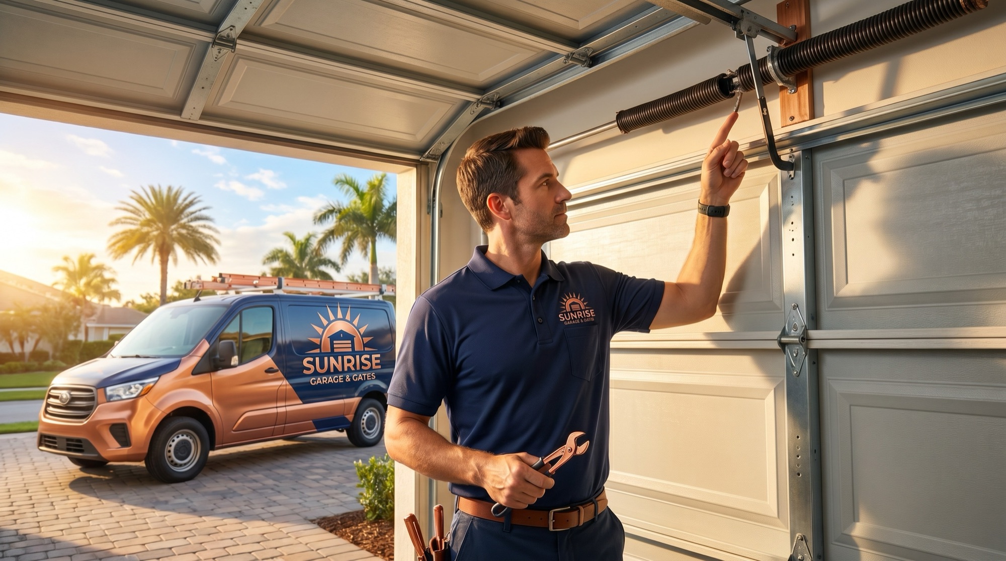 Florida homeowner standing beside a partially open garage door inspecting the opener