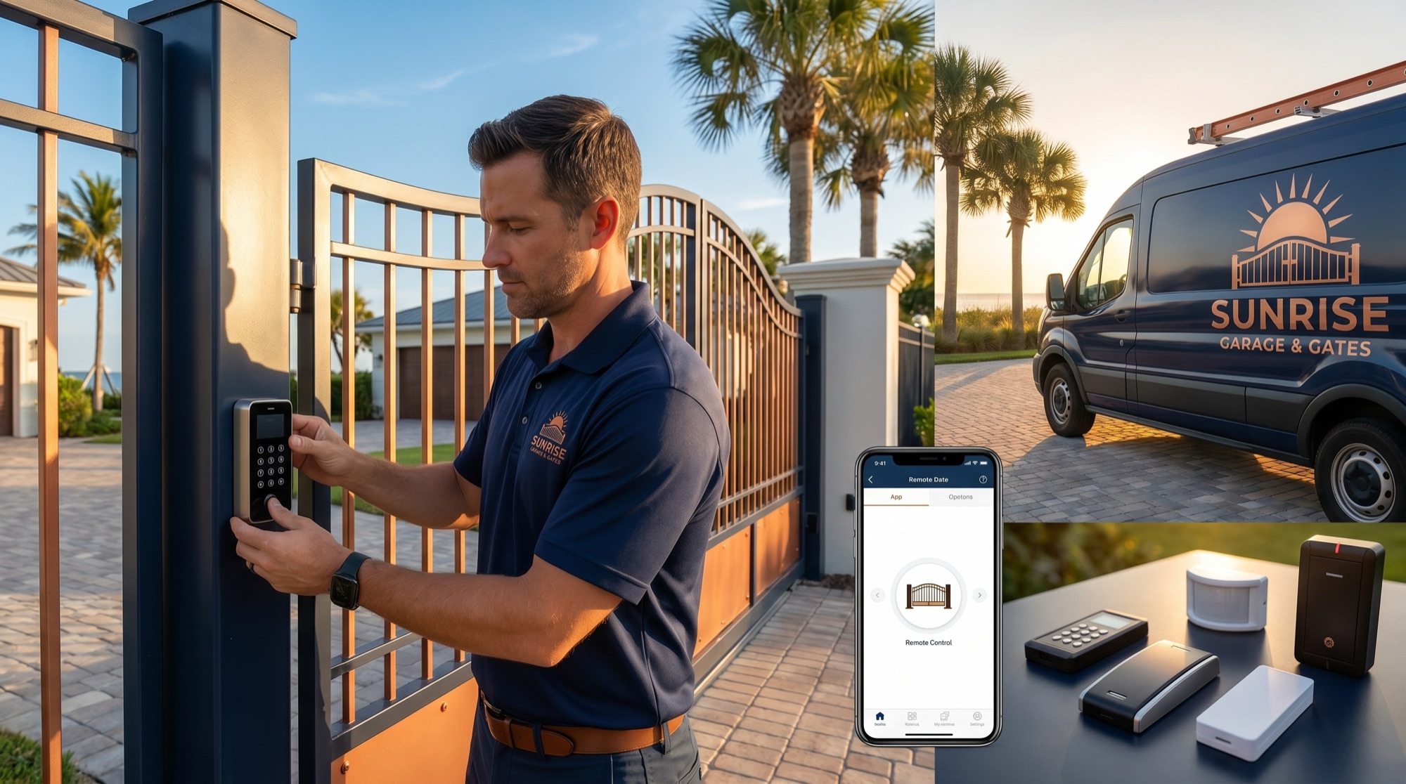Keypad, video intercom and smartphone-controlled gate entry at a Florida driveway