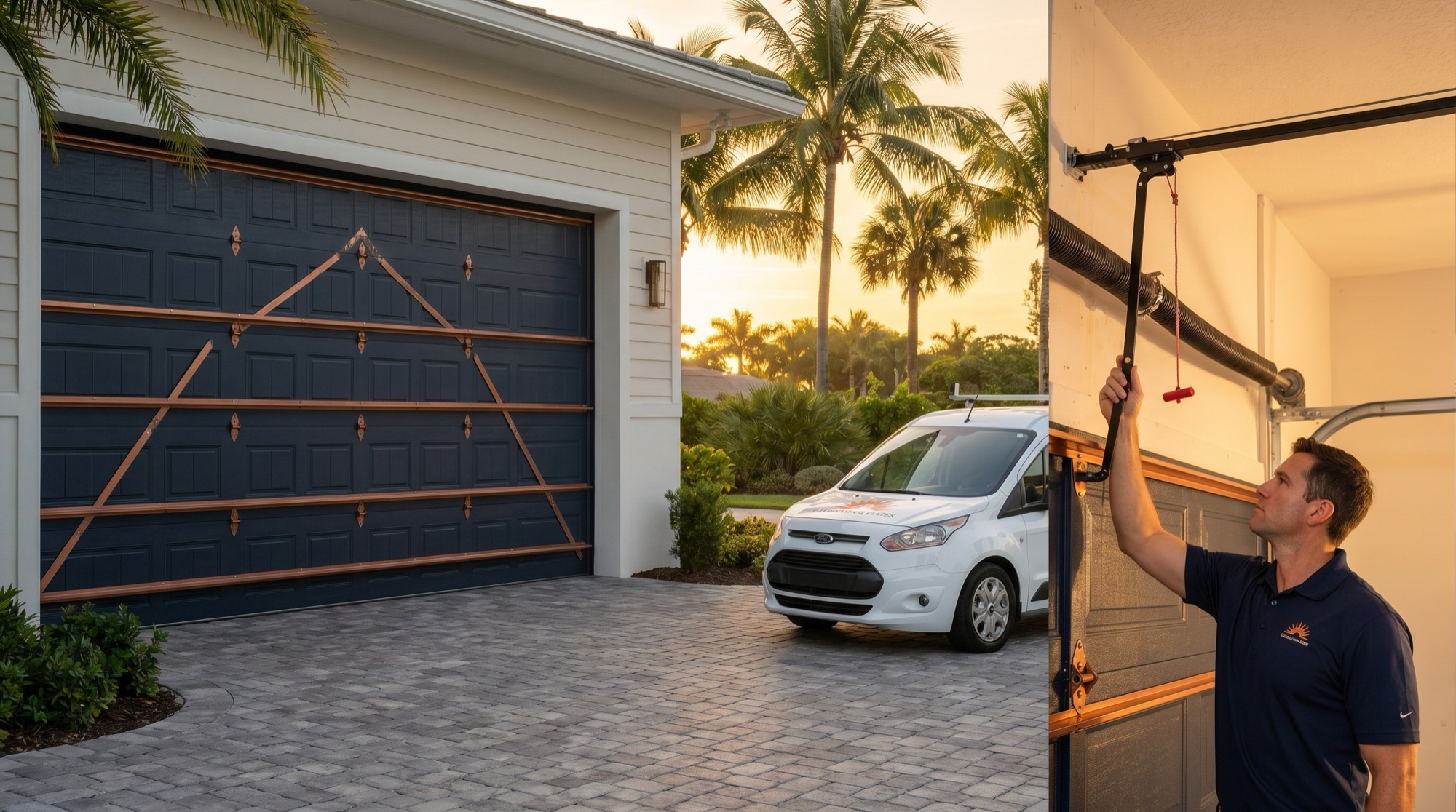 Reinforced hurricane-rated garage door on a coastal Florida home under stormy skies
