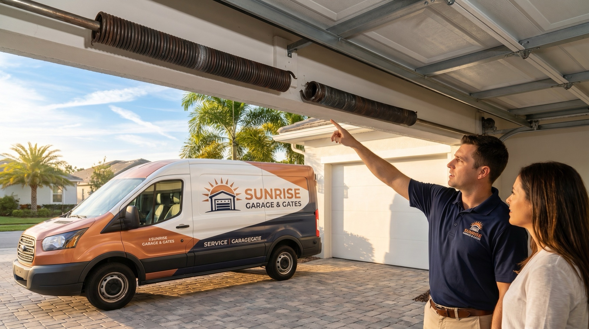Close-up of a broken garage door torsion spring above a Florida home's garage door