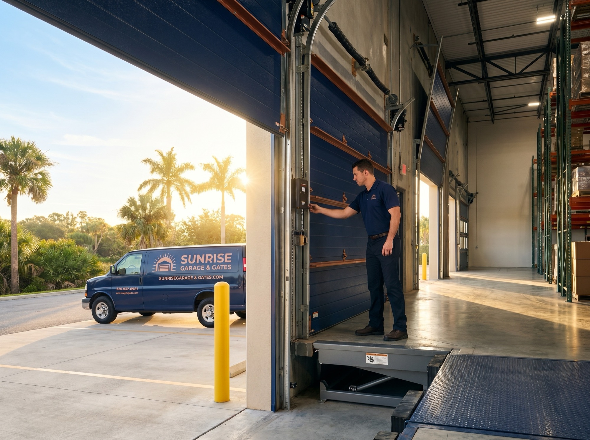 Loading dock with high-cycle commercial door, leveler and dock seal at a Florida warehouse