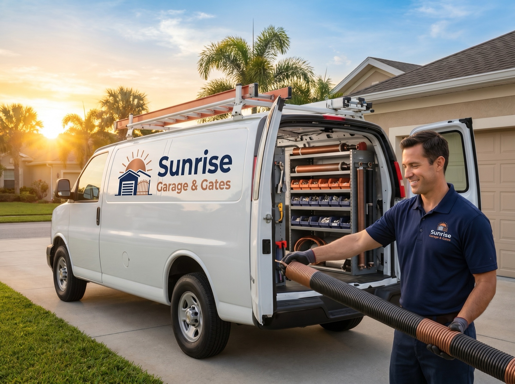 A stocked Sunrise Garage & Gates service truck arriving at a Florida home at dusk for an emergency garage door repair