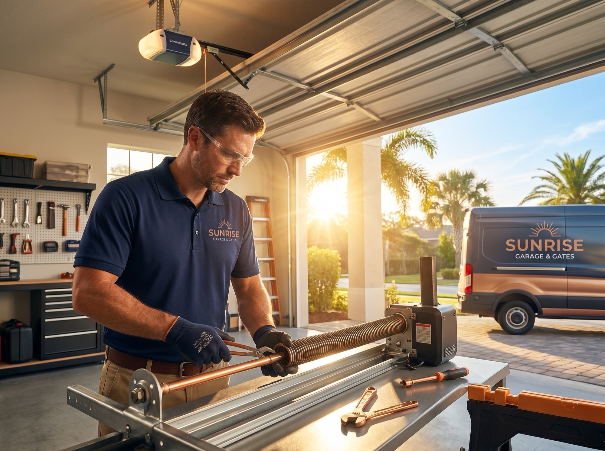 Technician replacing a broken garage door torsion spring on a Florida home