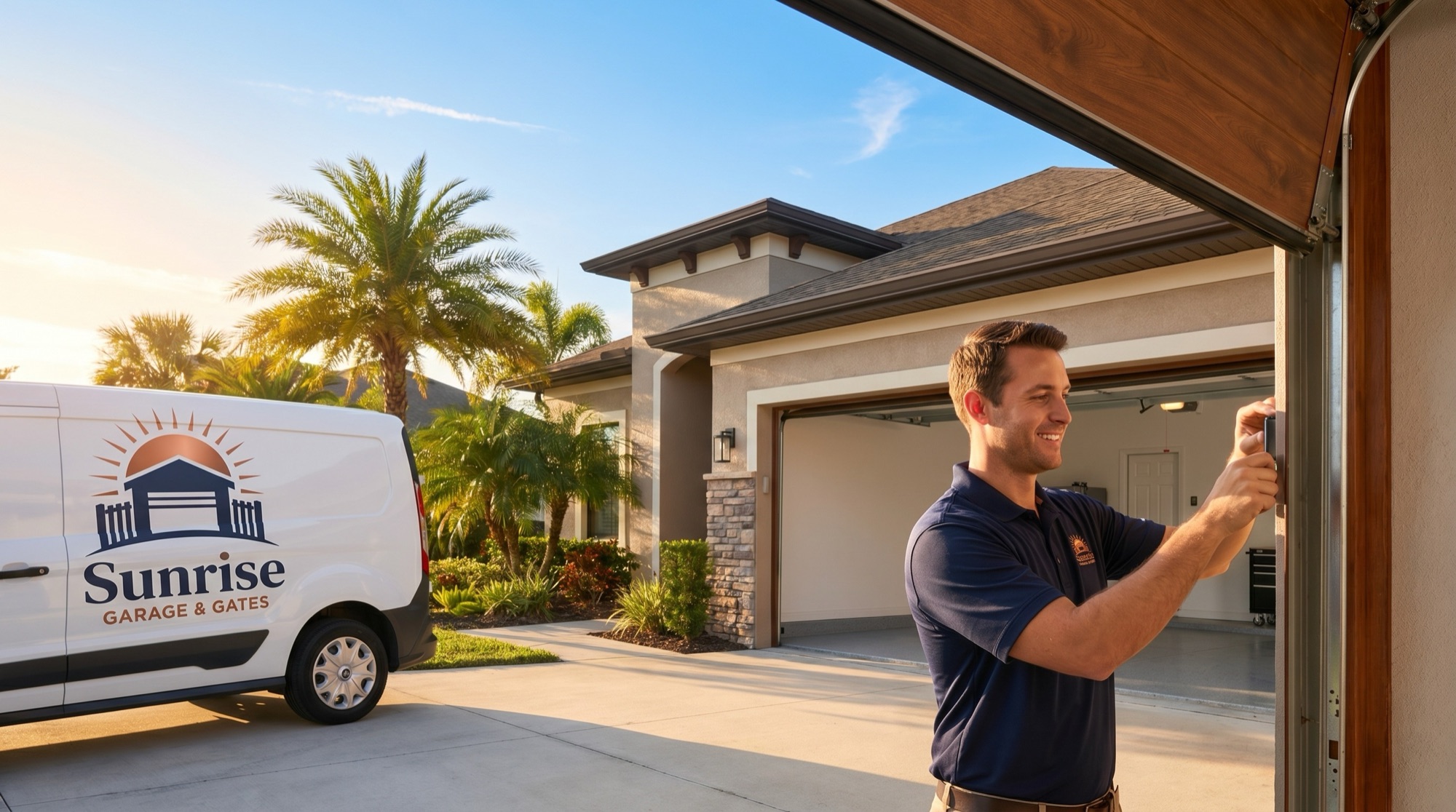 Sunrise Garage & Gates technician servicing a modern insulated garage door on a Florida home at sunrise