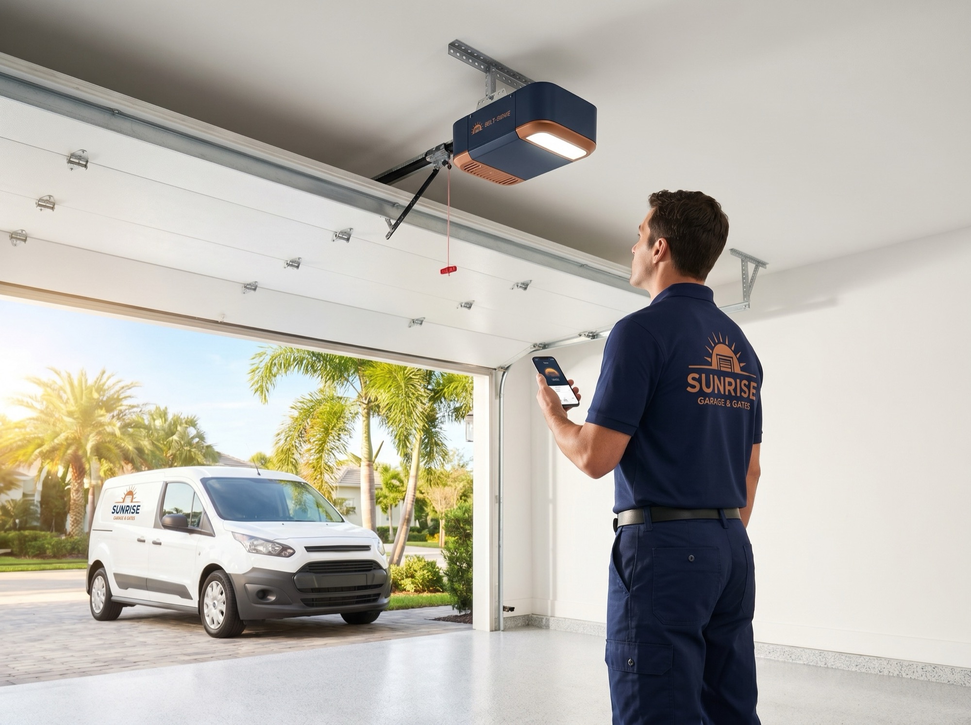Modern Wi-Fi belt-drive garage door opener mounted on a garage ceiling