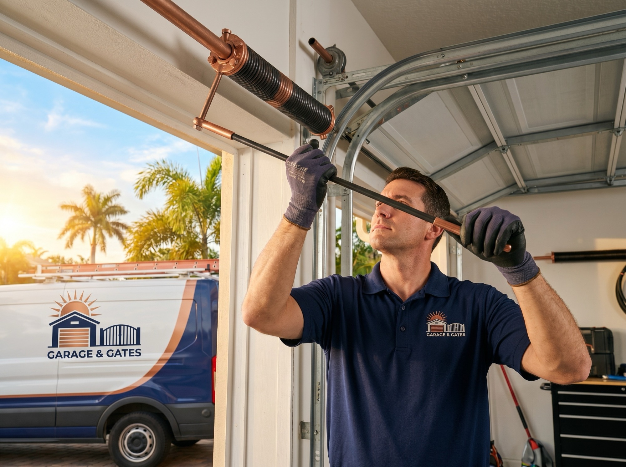 Close-up of a broken torsion spring above a residential garage door being replaced by a technician