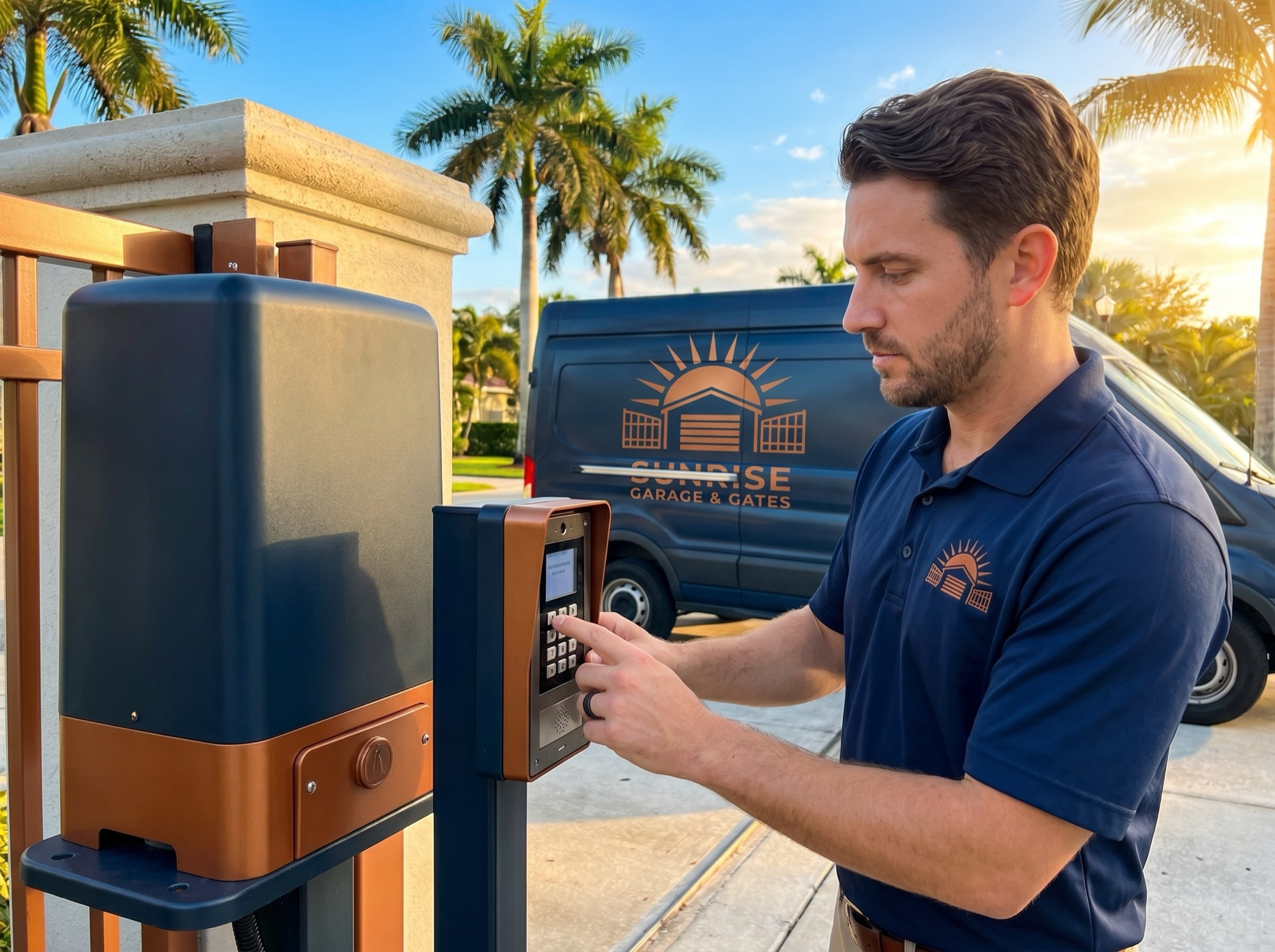 Gate operator motor and keypad access control mounted beside a Florida driveway gate