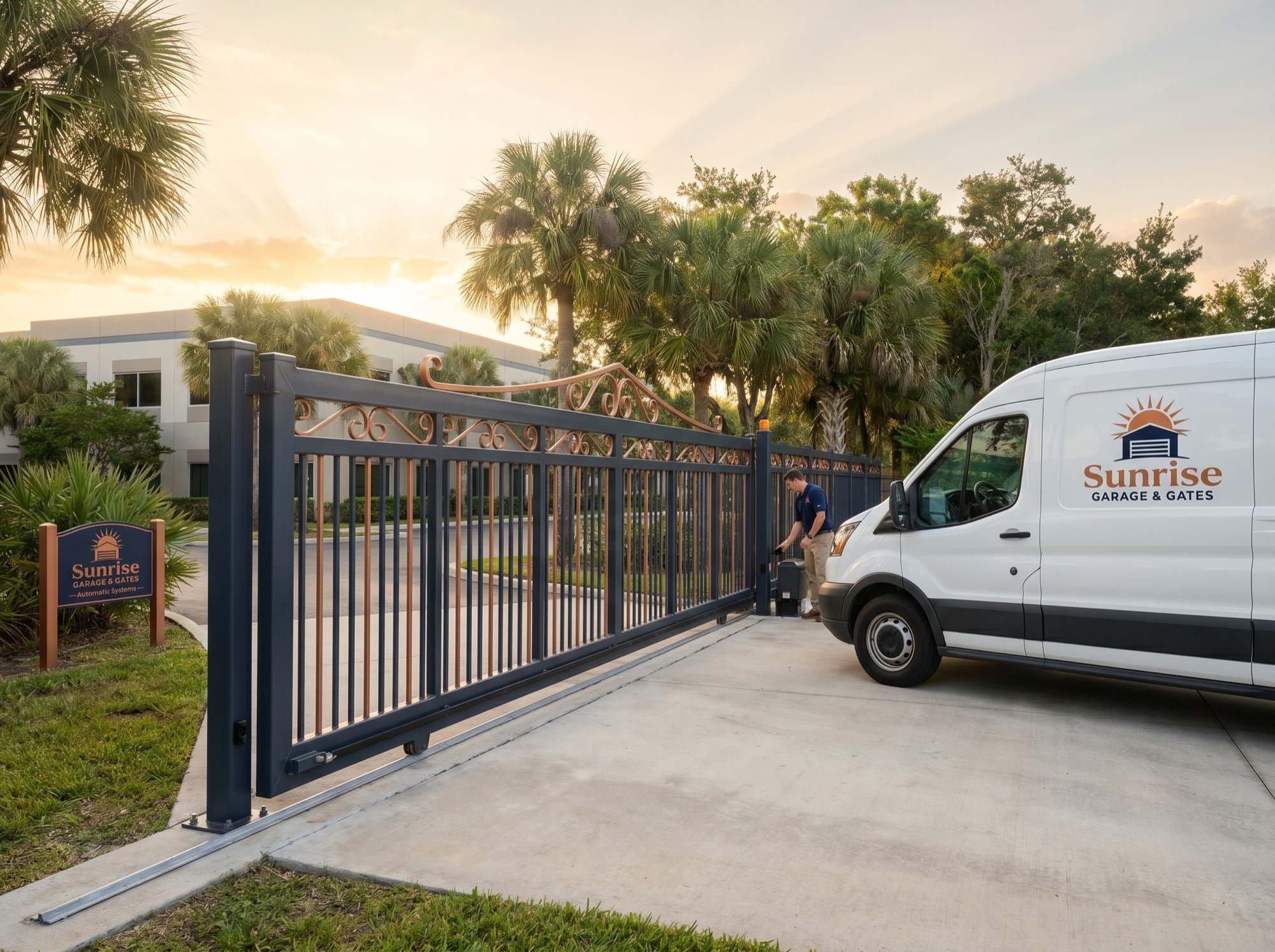 Automated cantilever slide gate across a wide commercial driveway in Florida