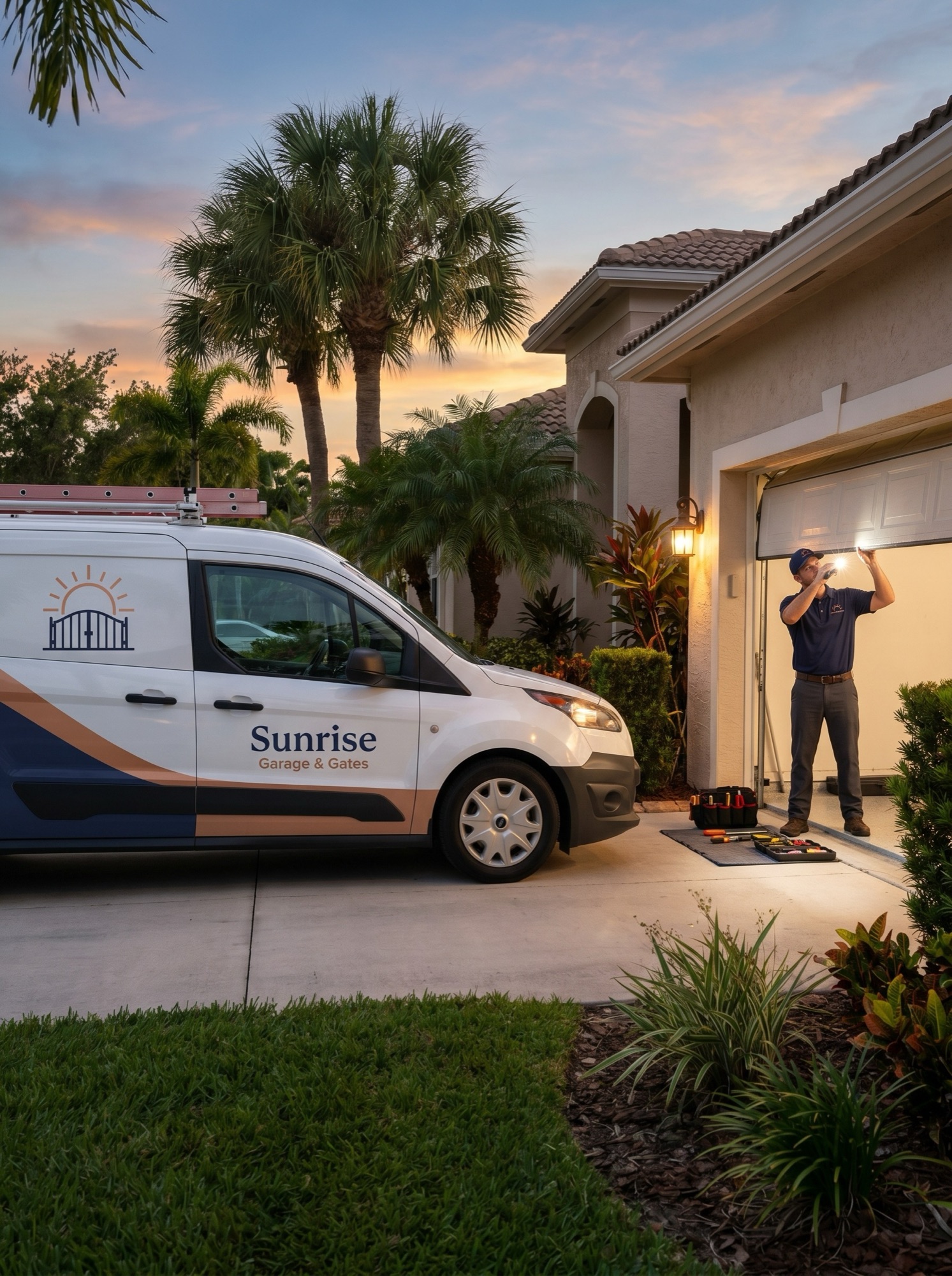 Service truck responding to an after-hours garage door emergency in Florida